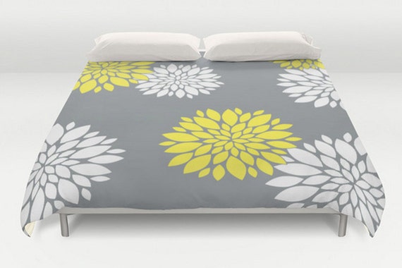 Grey Yellow Duvet Flower Duvet Cover Modern Bed Cover King Etsy