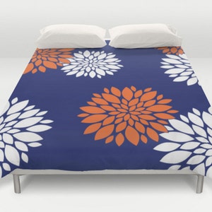 Blue Duvet Cover, Orange Blue Bedspread, Floral Bed Cover, Patterned Bedding, White Orange Blue, Blue Coverlet, King Queen Full Twin, Size