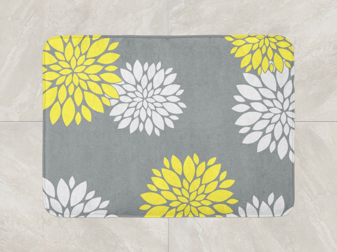 Floral Bath Mat Yellow Grey Bathroom Decor Foam Bath Rug Etsy
