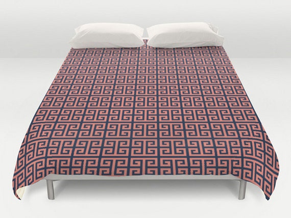 Coral Navy Duvet Navy Duvet Cover Geometric Bedding Square Etsy