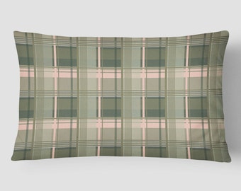 Green Lumbar Pillow, Green Pink Cushion, Tartan Cushion Cover, Plaid Cushion, Checkered Lumbar Pillow, 14x20 Cushion, Moss Green Pink