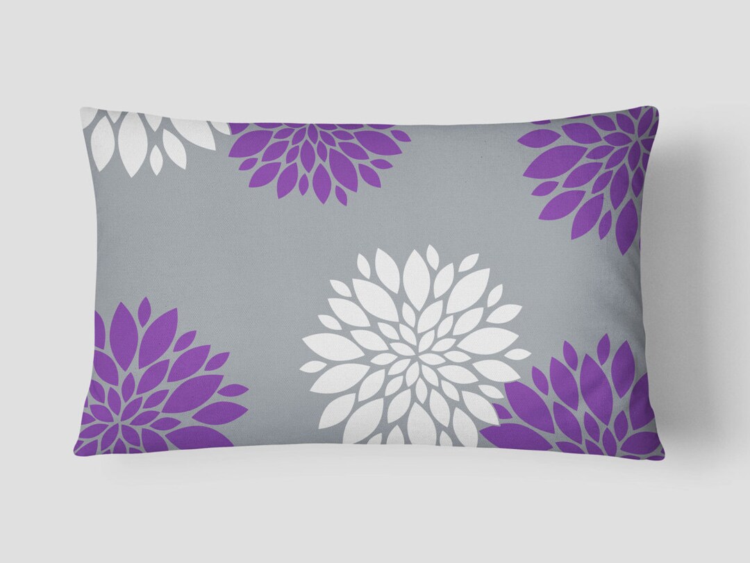 Purple Lumbar Pillow, Floral Pillow, Lavender Grey Cushion, 14x20