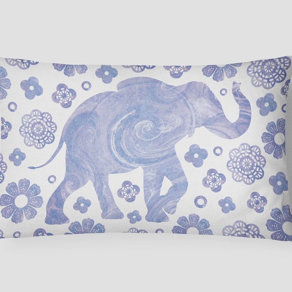 Elephant Pillow, Bohemian Cushion, Boho Lumbar Pillow, Purple White Cushion, Pillow Case, 14x20 Cushion Cover, Floral Boho Cushion