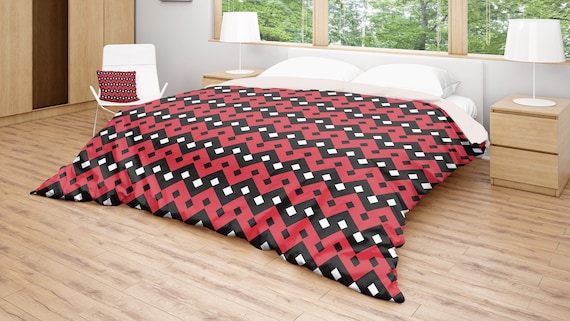 Geometric Duvet Cover Black Red Bedding Patterned Duvet Etsy