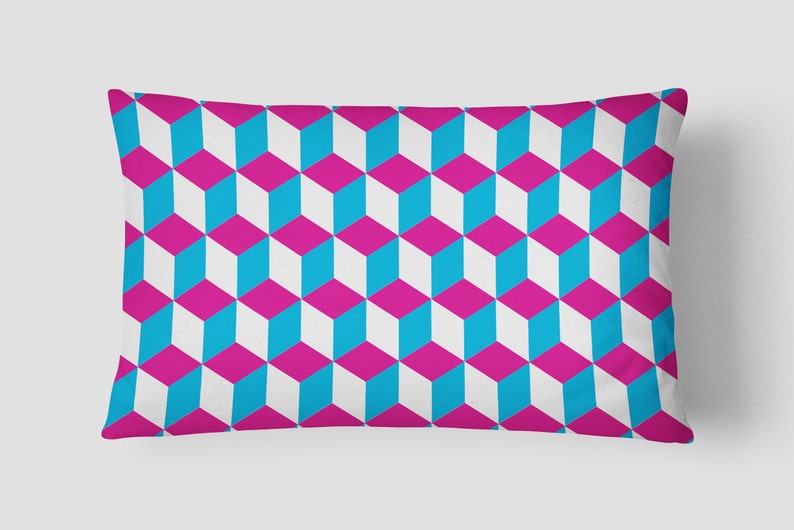 Geometric Cushion, Pink Blue White Pillow, Modern Decorative Pillow, 16x16 18x18 20x20 26x26, 3D Pattern, Squares Throw Pillow Cover image 2