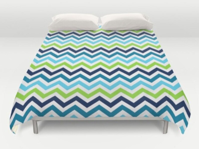 Blue Green Bedding Chevron Duvet Cover King Queen Full Twin Size Zig Zag Teal Navy Cyan Colorful