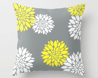 Yellow Grey White Pillow, Floral Throw Pillow, Decorative Pillow Cover, Flowers Pillow Case, 16x16 18x18 20x20, Sofa Decor Pillow