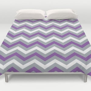 Chevron Duvet Cover, Purple Grey Bedding, Lavender Bed Cover, Comforter, Grey Chevron Duvet, Modern Bedspread, King Queen Full Twin, Size