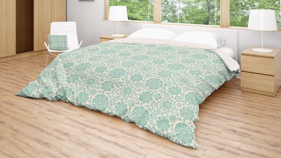 Floral Duvet Cover Turquoise Bedding Green Cream Duvet Etsy