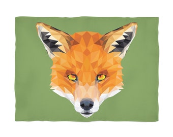 Fox Fleece Blanket, Geometric Blanket, Orange Green Throw, Modern Throw Blanket, Animal Throw, Minimal Fox Blanket, Orange Fox Head