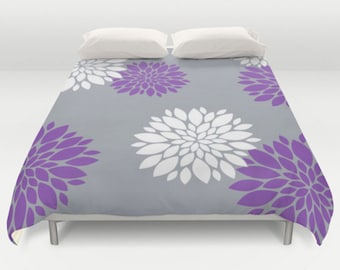 Grey Purple Duvet, Floral Duvet Cover, Modern Bed Cover, King Queen Full Twin, Size, White Lavender Grey, Flower Comforter, Lavender Bedding
