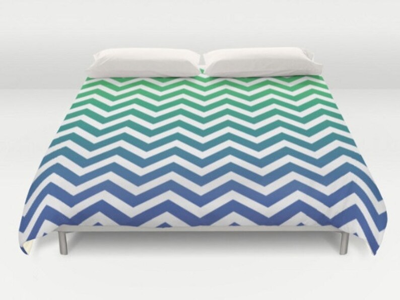 Chevron Bedding Blue Green Comforter Modern Bed Cover Blue Etsy