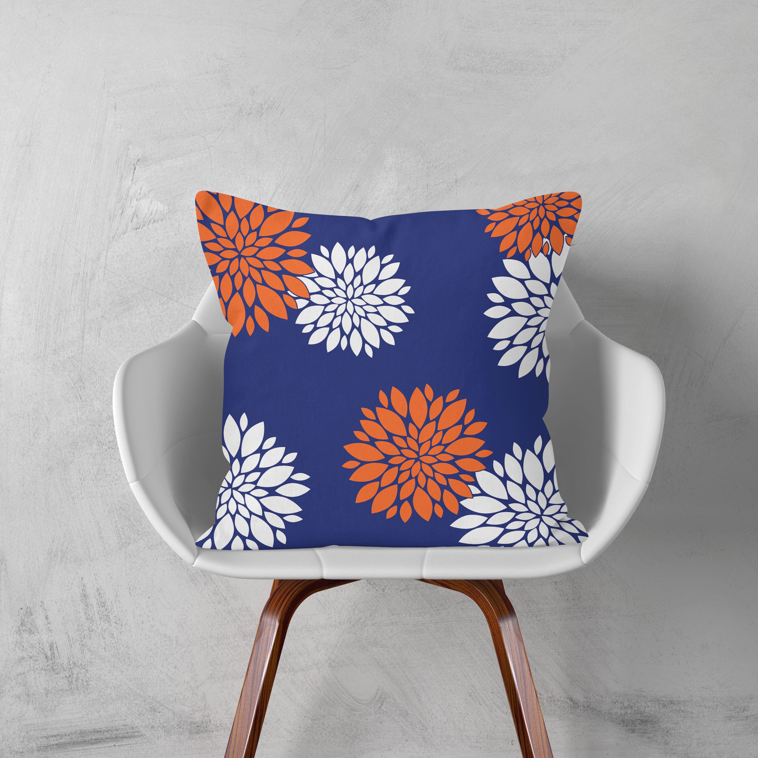 Orange Blue Cushion, Floral Cushion, Navy Decorative Pillow Cover