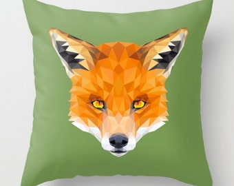 Fox Throw Pillow, Geometric Pillow, Orange Green Cushion, Decorative Pillow Cover, Funny Words Cushion, 18x18 16x16 20x20, Decor Cushion