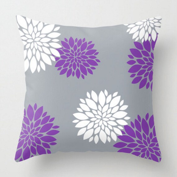 Floral Cushion, Decorative Pillow, Purple Throw Pillow, Cushion and Insert, White Lavender Grey, 16x16 18x18 20x20, Flower Toss Pillow