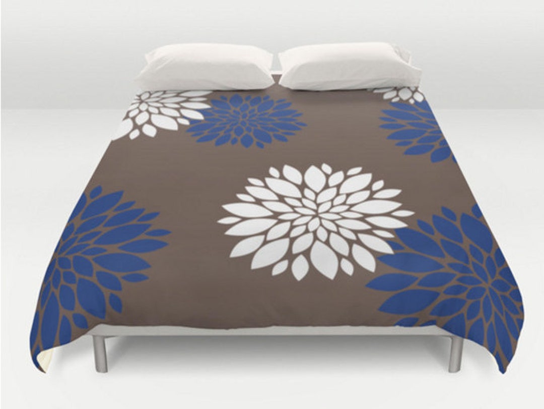 Brown Duvet Cover, Flower Bed Cover, Blue Brown Bedding, Mandala