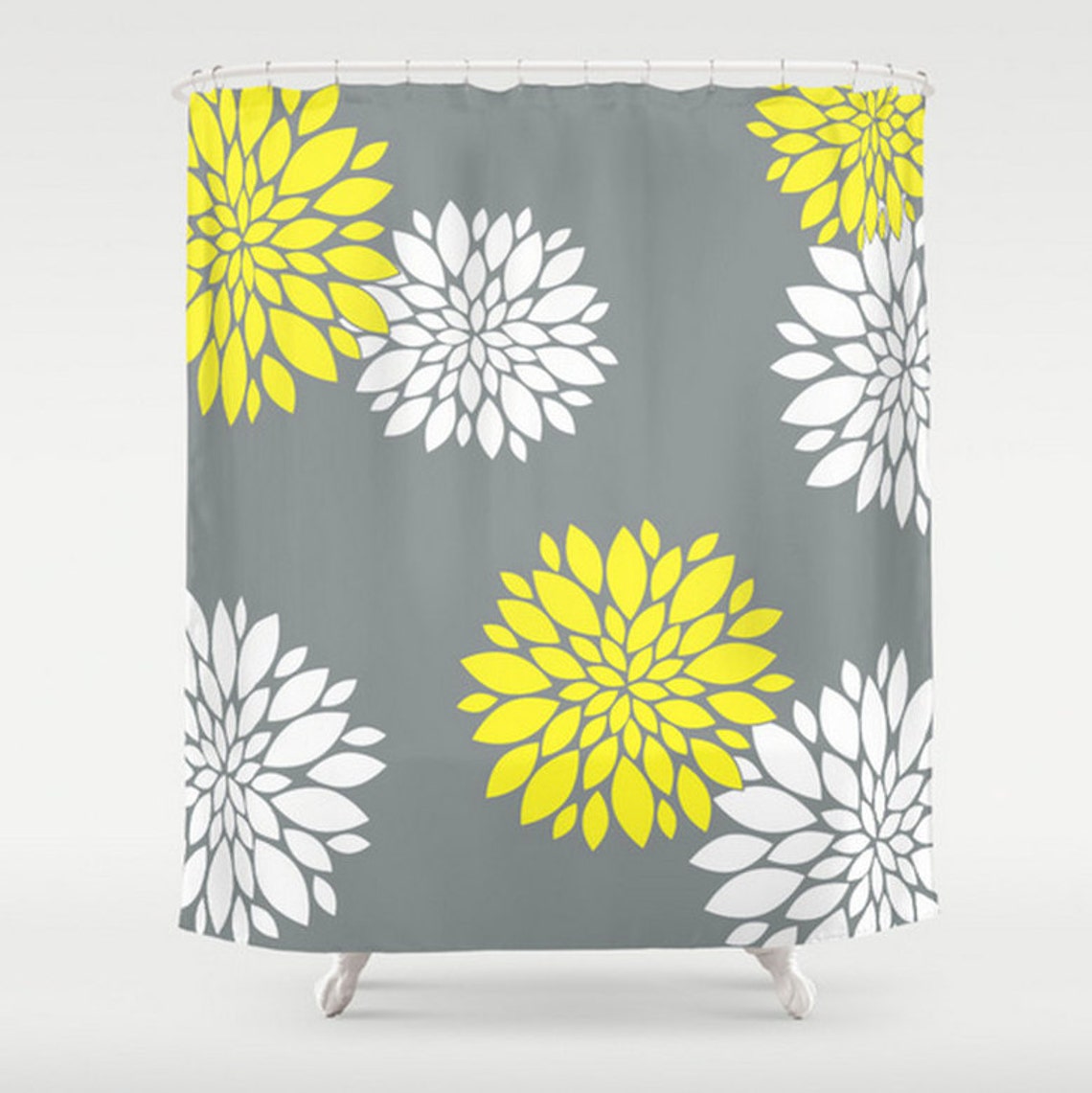 Floral Shower Curtain Large Shower Curtain Yellow Grey White Etsy