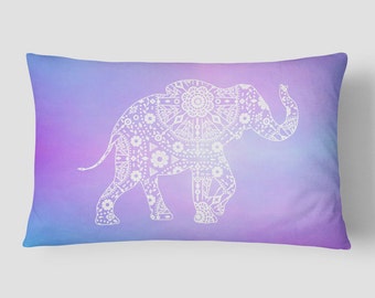 Bohemian Pillow, Boho Lumbar Pillow, Colorful Cushion, 14x20 Cushion Cover, Purple Blue Cushion, Cover and Insert, Elephant Pillow
