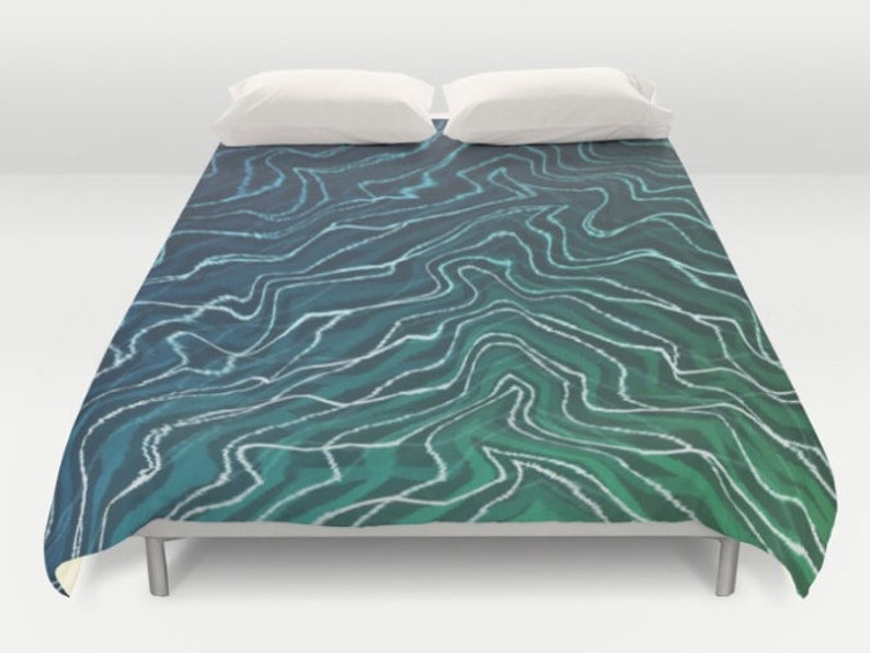 Blue Green Duvet, Abstract Duvet Cover, Waves Comforter, Modern Bed