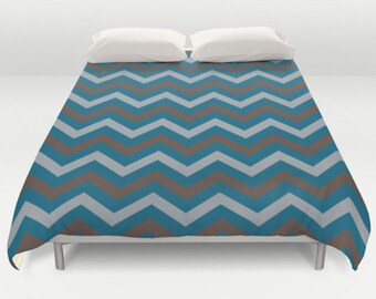 Teal Duvet Cover, Teal Chocolate Duvet, Chevron Comforter, Blue Brown Grey Duvet, Gray Teal Bedding, Bed Cover, King Queen Full Twin, Size