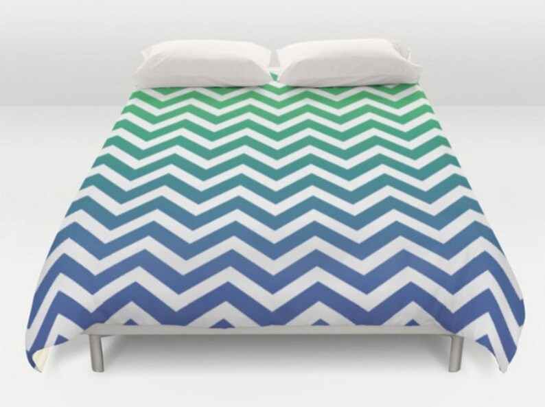 Chevron Bedding Blue Green Comforter Modern Bed Cover White Duvet Clothes King Queen Full Twin Size