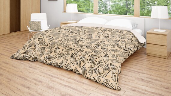 Black Beige Duvet Beige Bedding Floral Bed Cover Modern Etsy