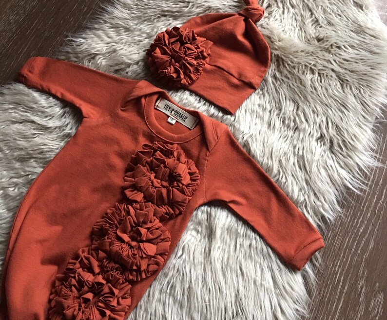 baby girl coming home outfit brick Newborn girl coming home outfit knotted gown Organic baby clothes take home reddish orange