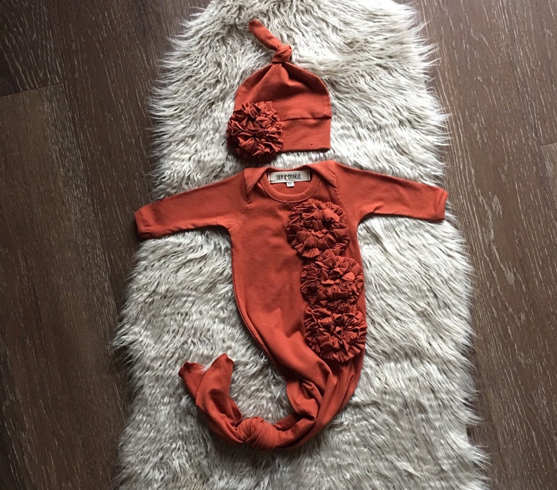 baby girl coming home outfit brick Newborn girl coming home outfit knotted gown Organic baby clothes take home reddish orange