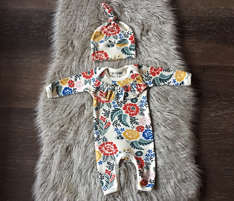 Floral Winter baby clothes Baby girl coming home romper Newborn girl coming home outfit Baby girl romper ORGANIC baby clothes hat