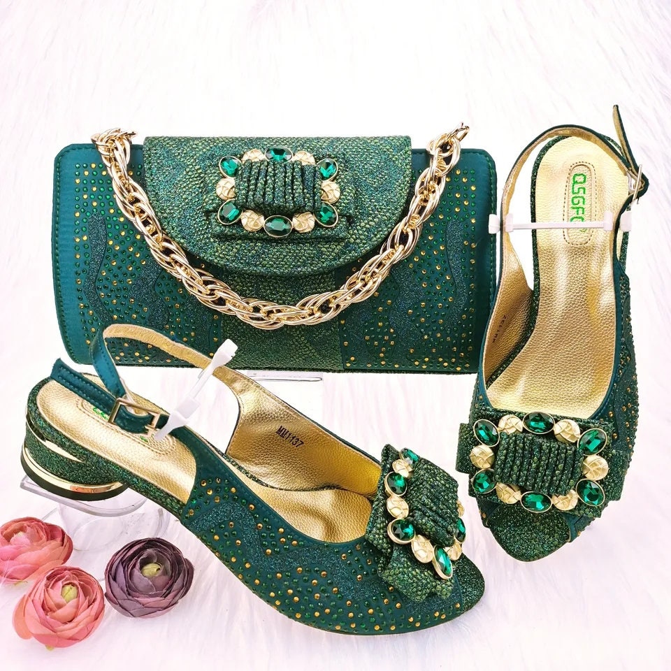 Italian Matching Shoes and Bag Set Decorated With Rhinestone 