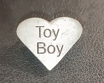 Handcrafted Pewter Word ' Toy Boy ' Heart Shaped Man Boy Stag Party Funny Fun Lapel Pin / Brooch / Badge Supplied in A Gift Box