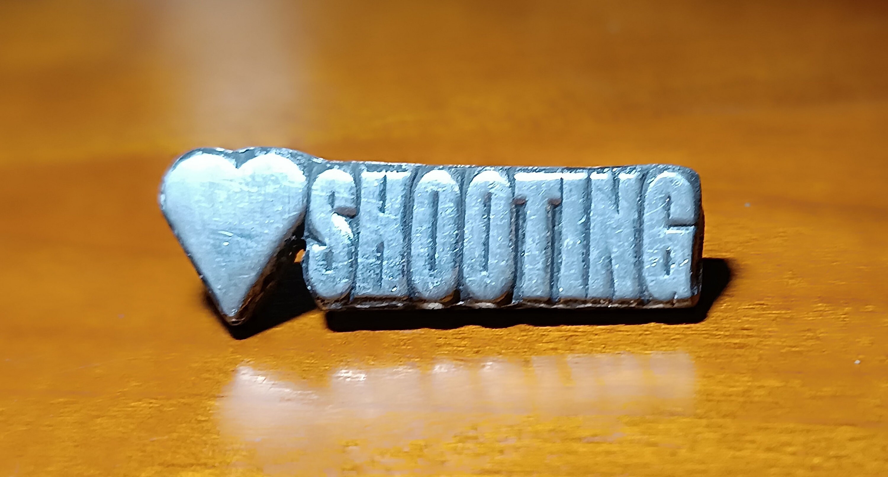 Handcrafted Pewter Word ' Love Shooting ' Game Shoot Clay Pigeon Lapel Pin / Brooch / Badge Supplied in A Gift Box