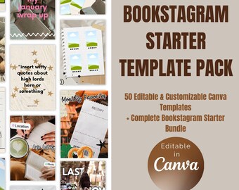 Bookstagram Starter Template Pack | 50 Editable Canva Instagram Templates | Content Planner | Book Influencer