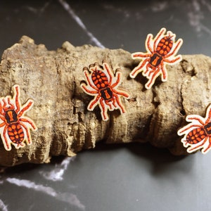 May include: Four wooden spider pins with red and black markings. The pins are arranged on a piece of bark.