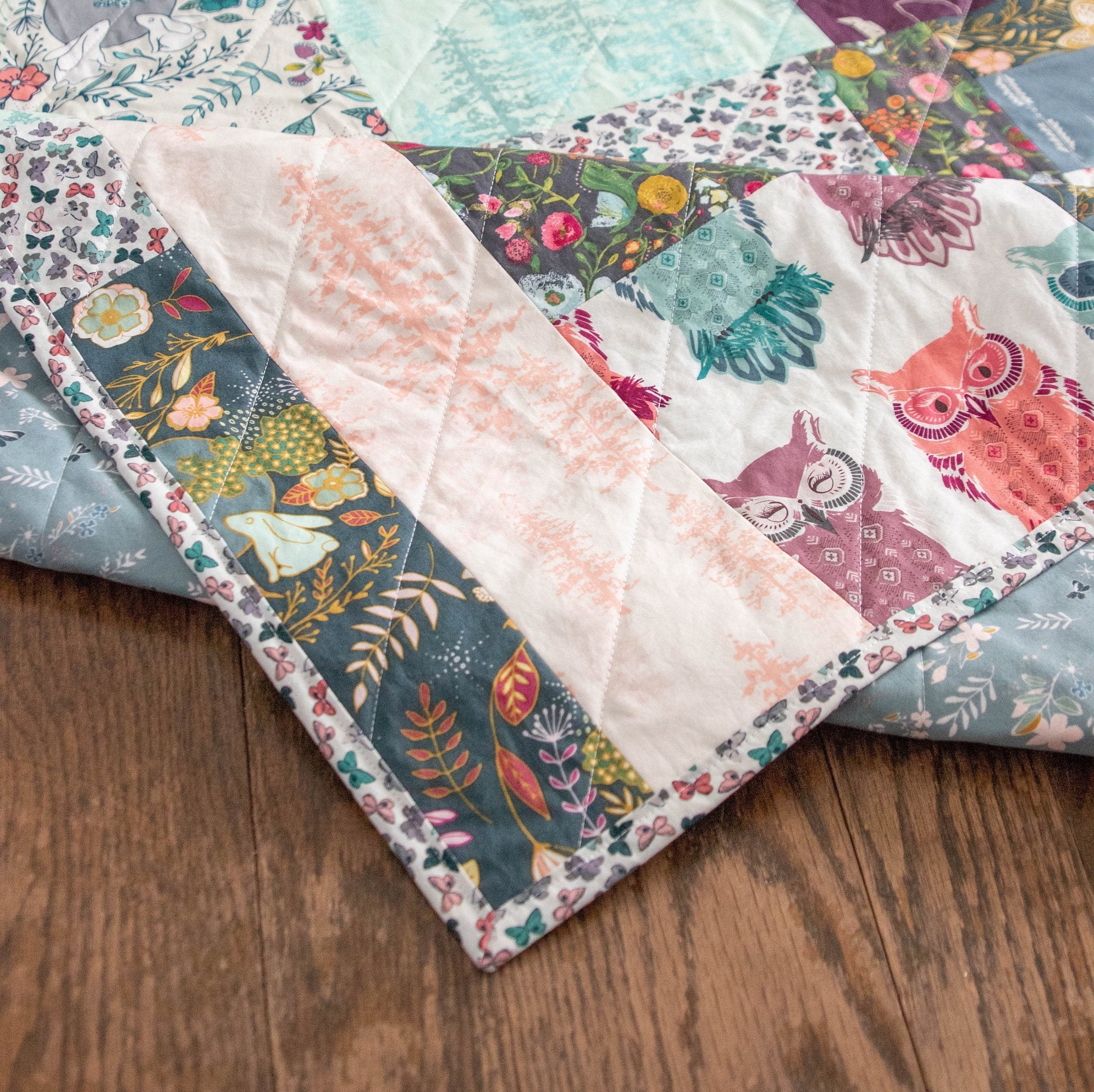 Modern woodland baby quilt, owls, bunnies, butterflies