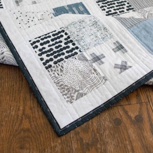 Modern woodland baby quilt, Pine Lullaby, black / white / blue