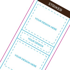 May include: A white template with a blue dashed border for a design. The template has three sections for text or images. The top section has the text "STRIKER" in black. The template is on a pink background.