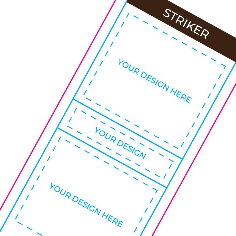May include: A white template with a blue dashed border for a design. The template has three sections for text or images. The top section has the text "STRIKER" in black. The template is on a pink background.