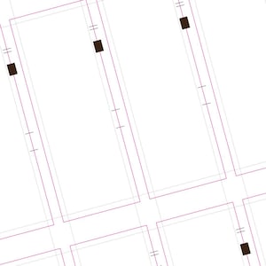 May include: A white sheet of paper with a grid pattern and four black squares in the corners. The grid lines are in shades of pink and gray.