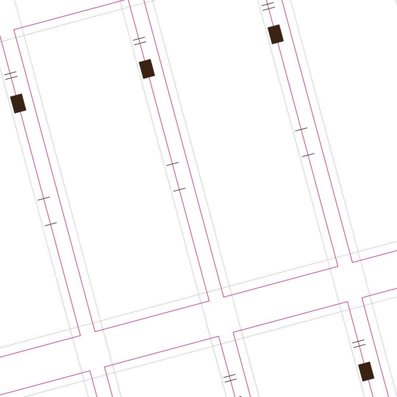 May include: A white sheet of paper with a grid pattern and four black squares in the corners. The grid lines are in shades of pink and gray.