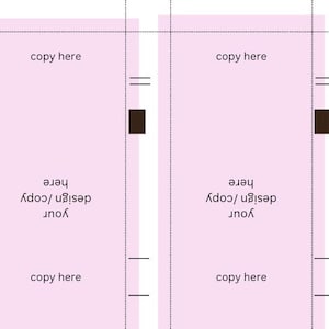 May include: Two pink and white cards with black lines and squares. The text "copy here" appears at the top and bottom of each card. The text "Your design/copy here" appears in the center of each card.