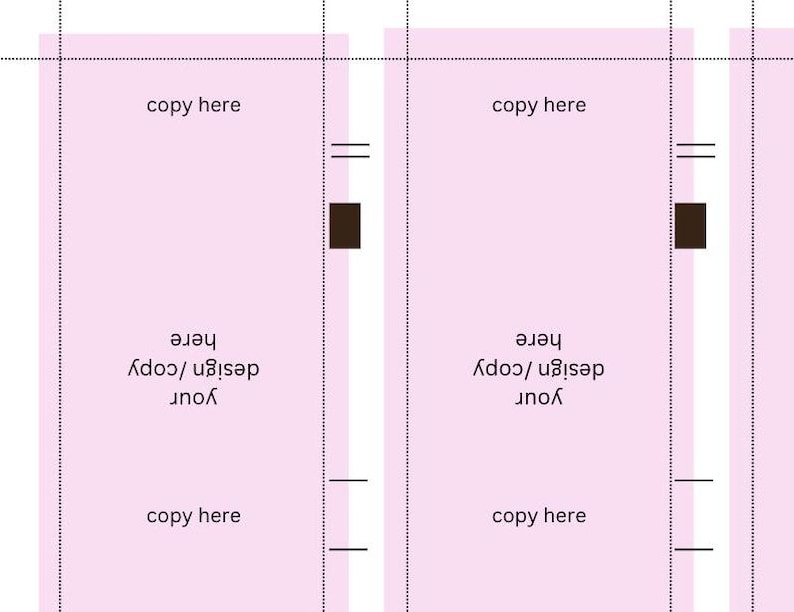 May include: Two pink and white cards with black lines and squares. The text "copy here" appears at the top and bottom of each card. The text "Your design/copy here" appears in the center of each card.