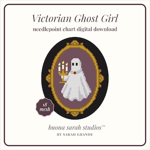 May include: Digital needlepoint chart titled "Victorian Ghost Girl." The design features a pixelated white ghost holding a golden candelabra with three lit candles, set within an oval frame. The text "buona sarah studios" is also visible.