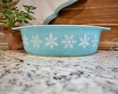 Vintage 1950 s Pyrex Turquoise Snowflake 045 Oval Casserole Dish Aqua Blue