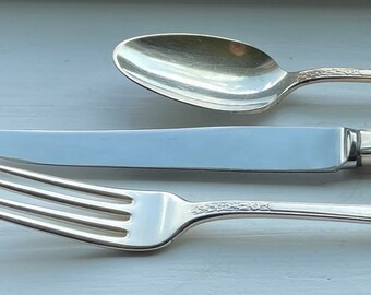 May include: A set of silver cutlery comprising a spoon, knife, and fork. The spoon has a rounded bowl and a long handle. The knife features a smooth blade and a decorative handle. The fork has three prongs and a matching handle. All pieces have a floral design.