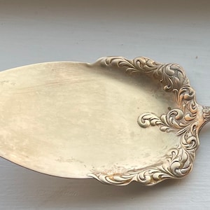 May include: A silver cake server with an ornate, floral design. The server has a long, slender handle and a wide, flat blade.