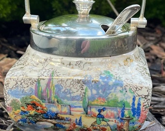 Collectible LANCASTER & SANDLAND/YEOMAN Plate Silver "In An Olde World Garden" Footed Sugar/Preserve Jar W/Matching Spoon / Lid, England