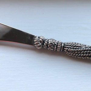 May include: A silver butter knife with a decorative, twisted rope-like handle.