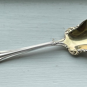 Può includere: Un cucchiaino da zucchero in argento con un manico decorato e una ciotola placcata oro.