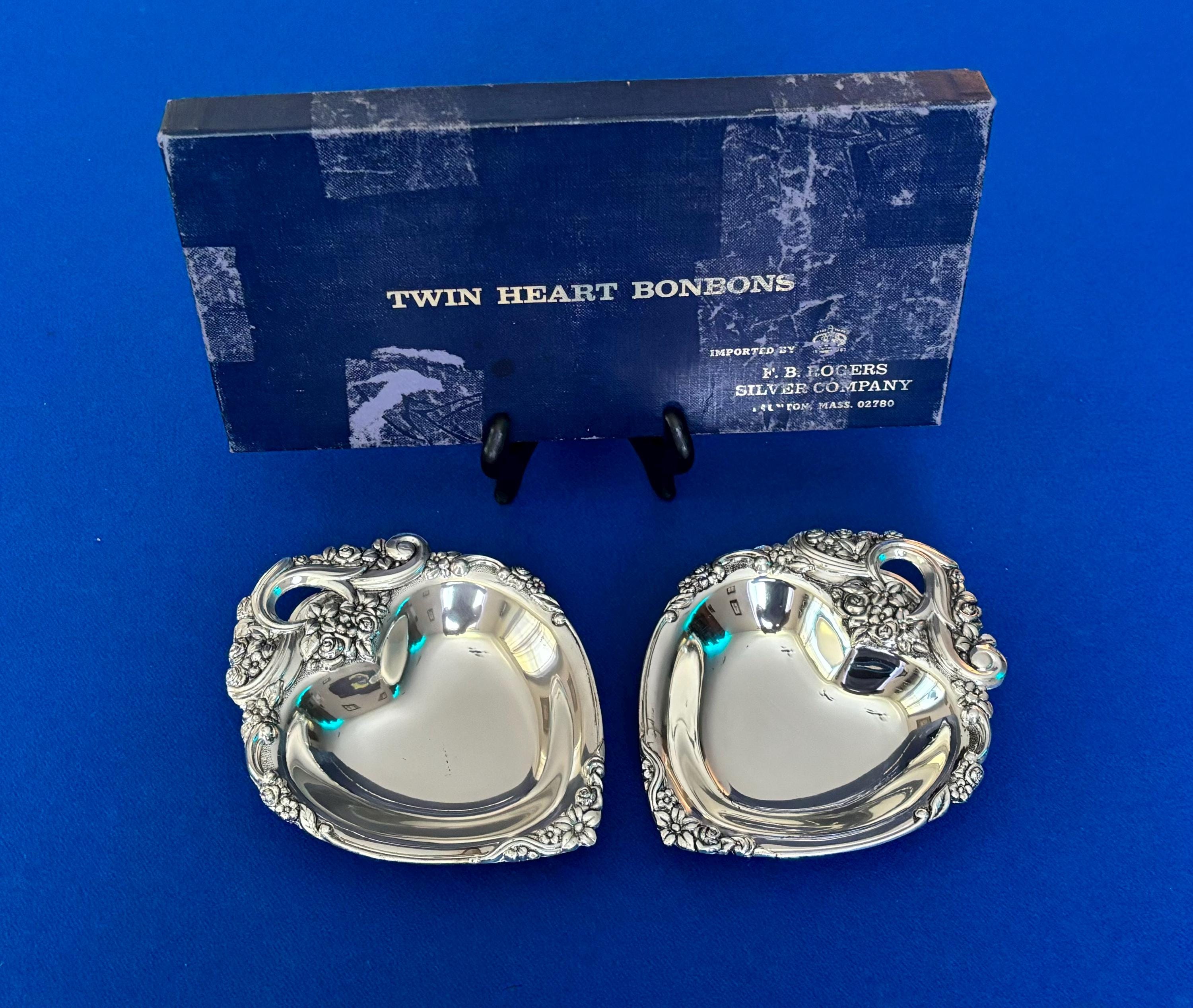 Amazing Gorgeous Vintage Elegant F. B.ROGERS Silver Co Silver Plate "Twin Heart Bonbons" Repousse Floral Design Set Of 2 w/Original Box